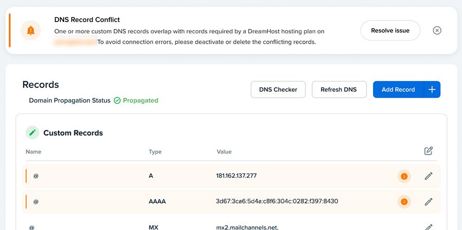 Enregistrements personnalisés du panneau DNS DreamHost sur des domaines entièrement hébergés