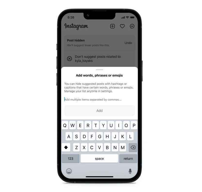 Instagram permettra aux utilisateurs de désactiver des mots spécifiques et des emoji à partir de publications suggérées.