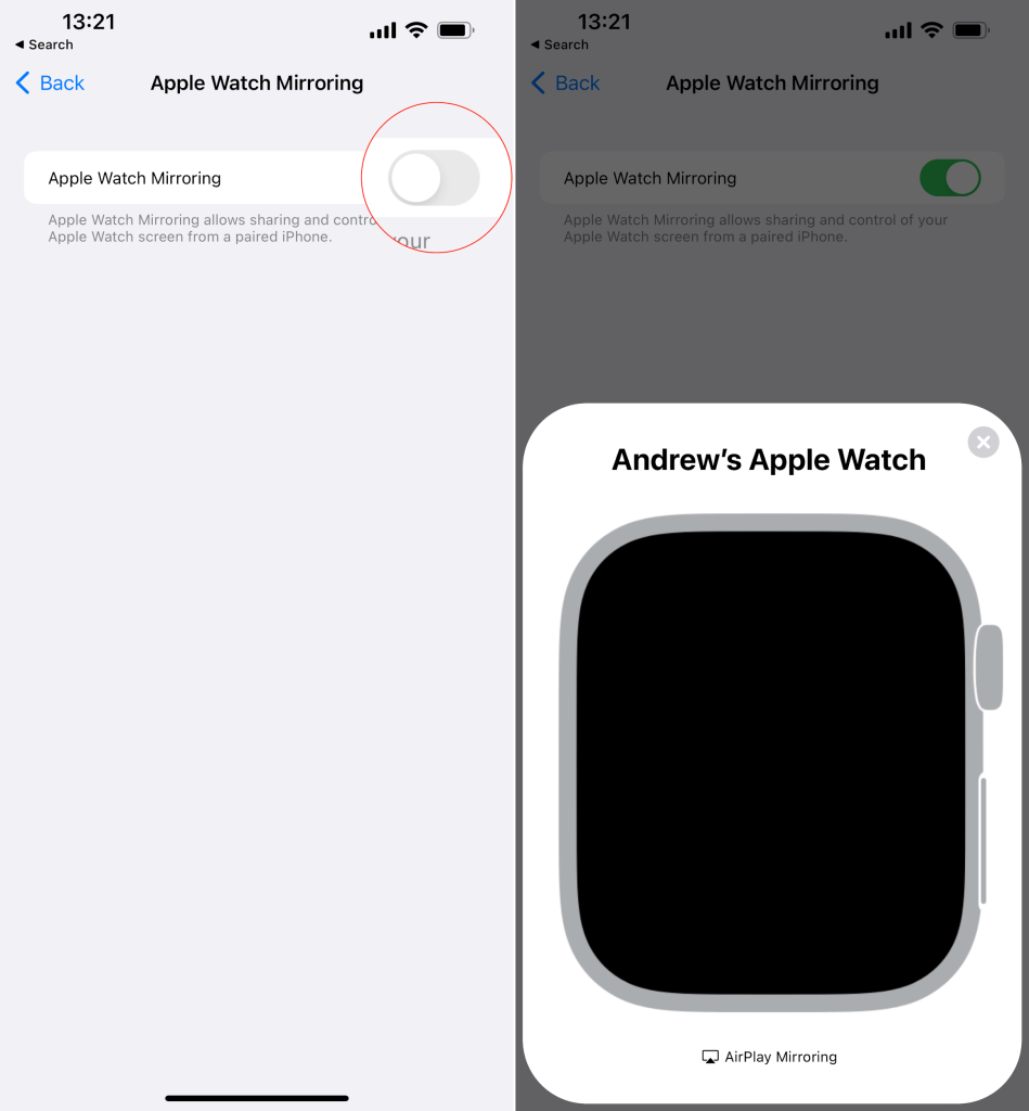Mise en miroir de l'Apple Watch activée