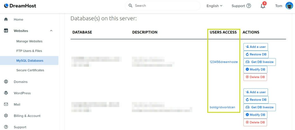 Accès utilisateur aux bases de données dans Dreamhost