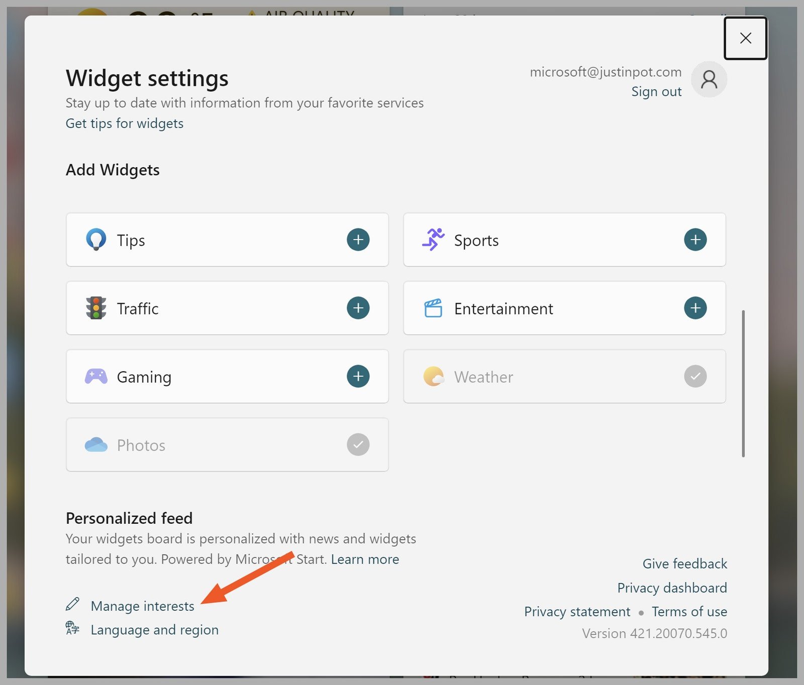 Capture d'écran des paramètres du widget Windows 11