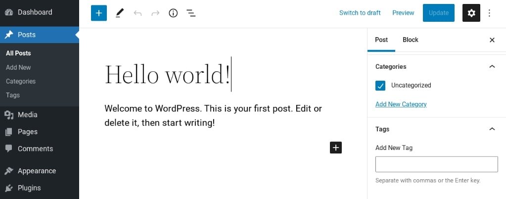 modifier les catégories et les balises dans l'éditeur de publication WordPress