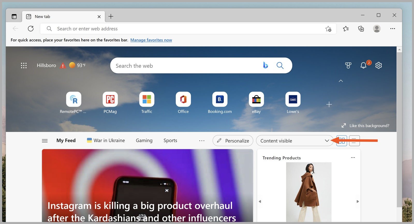 Capture d'écran des paramètres du widget Microsoft Edge