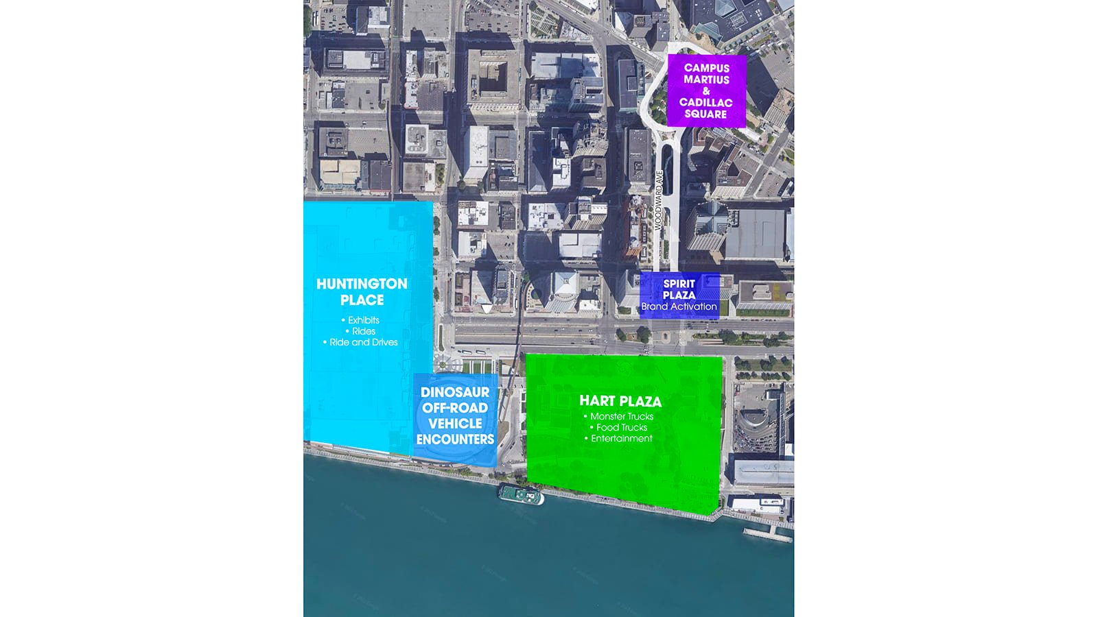Carte du Salon de l'auto de Detroit 2022 mettant en évidence Huntington Place, Hart Plaza, Spirit Plaza, Cadillac Square et Camp Martius